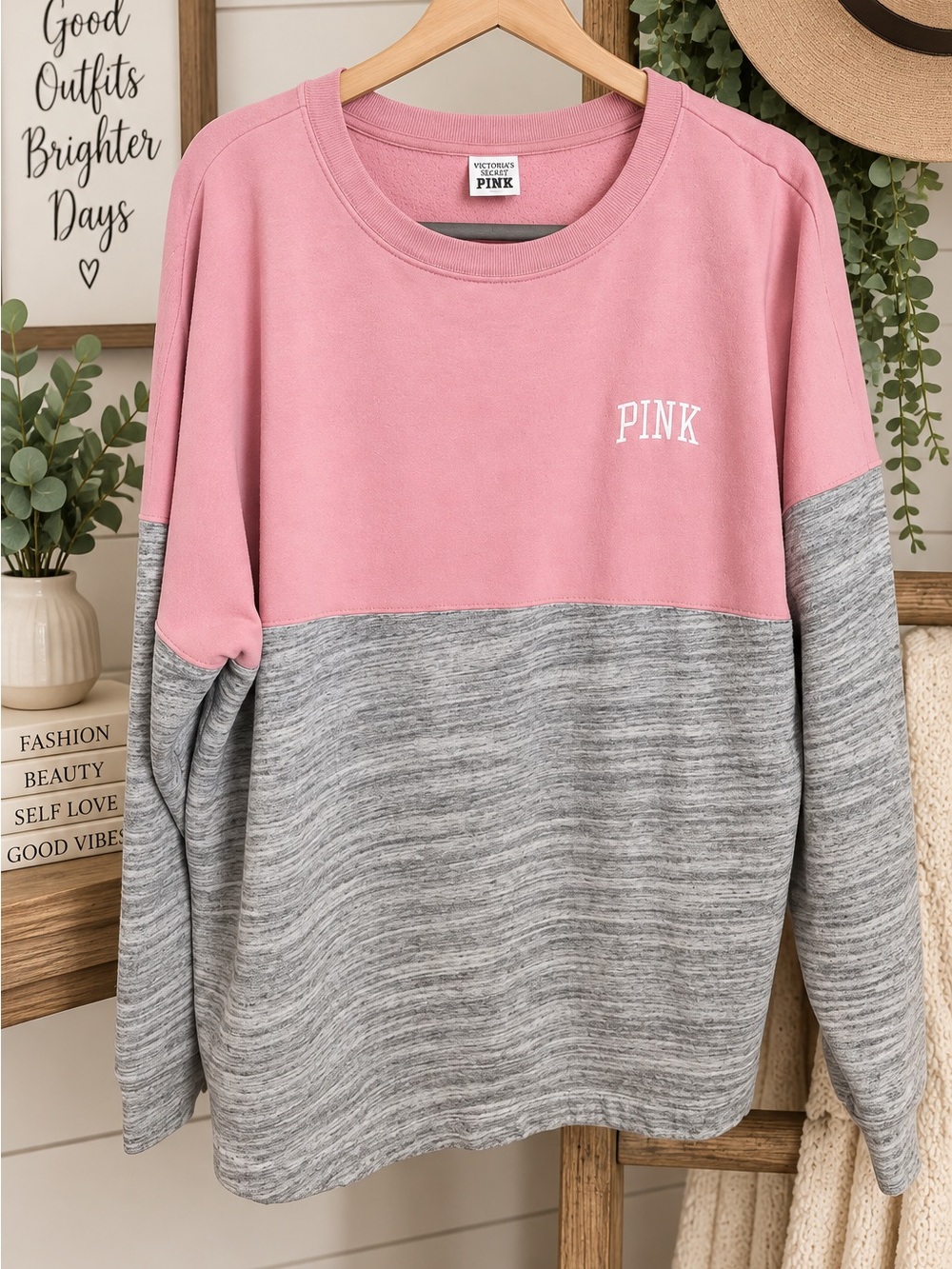 Victoria’s Secret PINK Pink & Gray Colorblock Long Sleeve Top – Size Large #1006